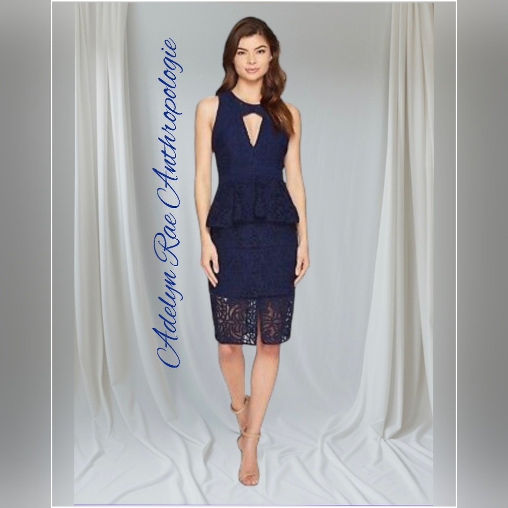 Adelyn Rae Navy Blue Lace Peplum Fitted Sheath Dress Size M